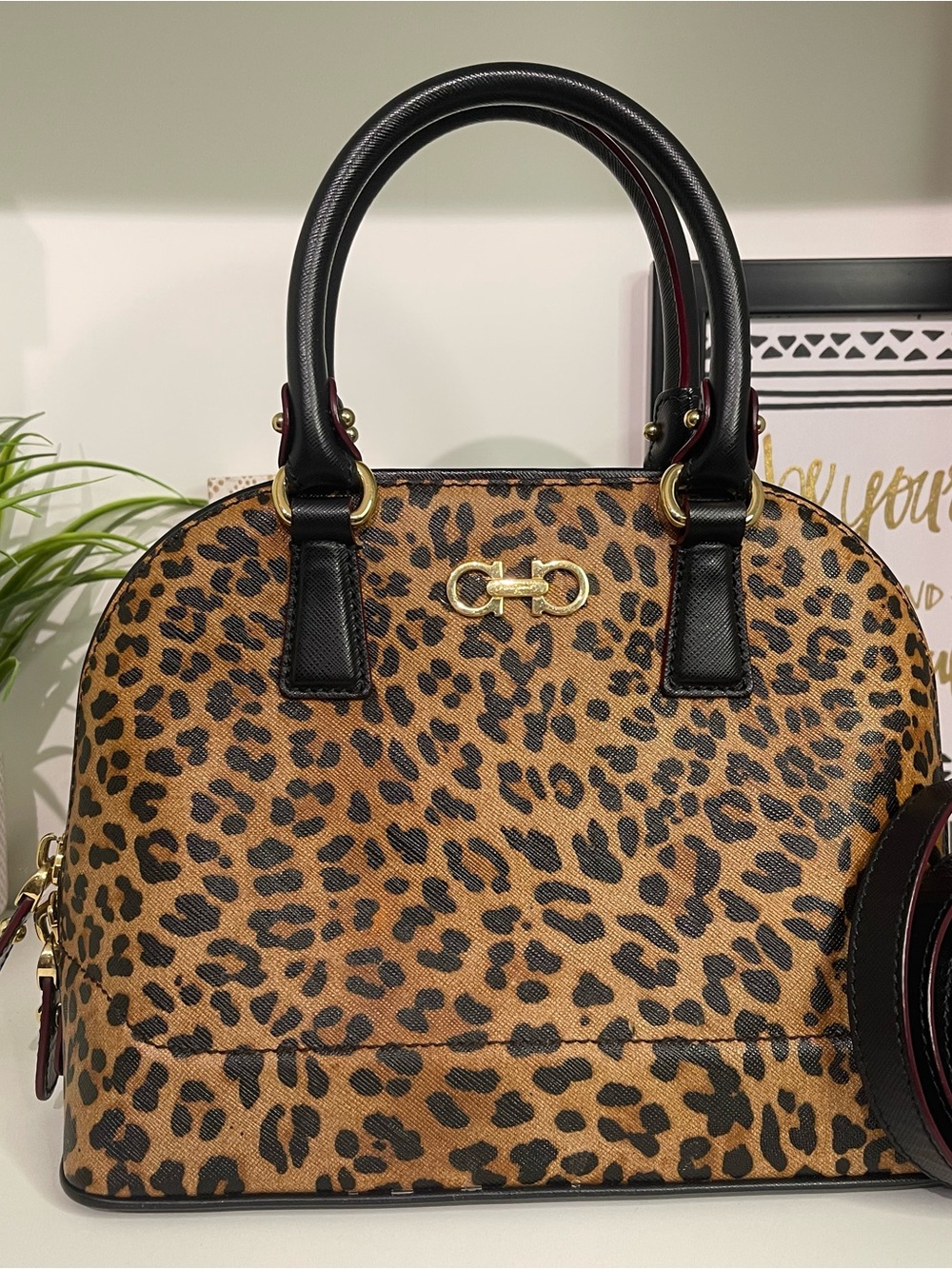 Salvatore Ferragamo Leopard Print Dome Satchel with Black Trim